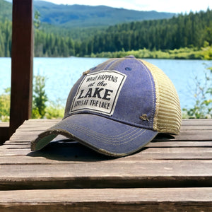"What Happens at the Lake Stays at the Lake" Distressed Trucker Hat