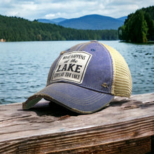 Load image into Gallery viewer, &quot;What Happens at the Lake Stays at the Lake&quot; Distressed Trucker Hat