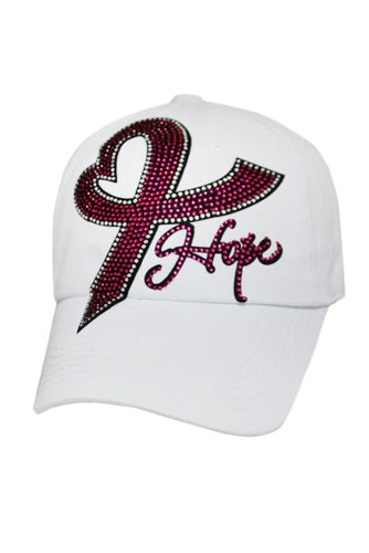 White Cancer Heart Hope Rhinestone Cap