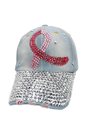 Blue Denim Cancer Awareness Rhinestone Baseball Cap