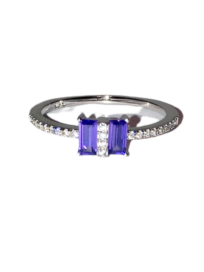 925 Sterling Silver Double Baguette Straight Cut Amethyst & Clear CZ Ring.