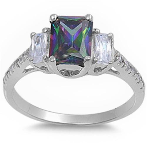 Radiant Cut White CZ & Rainbow Topaz Engagement .925 Sterling Silver Ring size 6