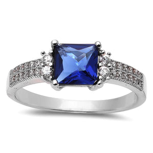Princess Cut Blue Sapphire & Cz .925 Sterling Silver Ring