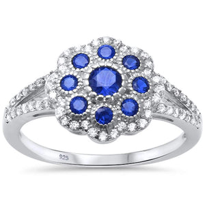 Blue Sapphire CZ Antique Filigree Flower Sterling Silver Ring