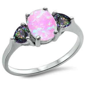 Oval Pink Opal & Rainbow Cubic Zirconia Heart Sterling Silver Ring