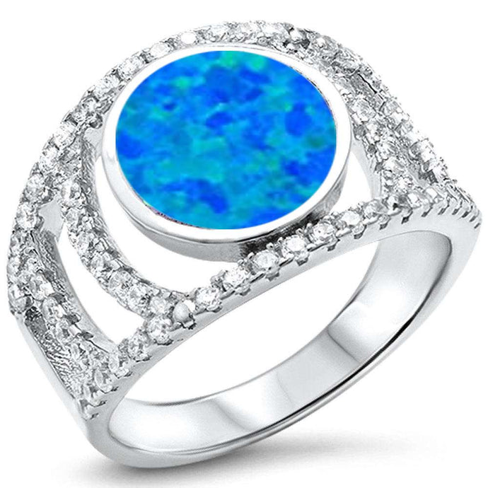 Round Fire Blue Opal & Cubic Zirconia .925 Sterling Silver Ring Size 6