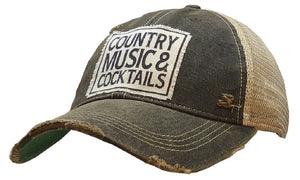 "Country Music & Cocktails" Black Distressed Trucker Hat