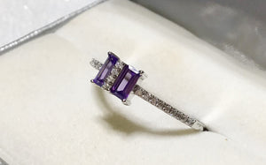 925 Sterling Silver Double Baguette Straight Cut Amethyst & Clear CZ Ring.