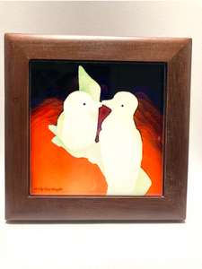 Lovebirds Original Framed Tile Artwork for Desk or Wall.